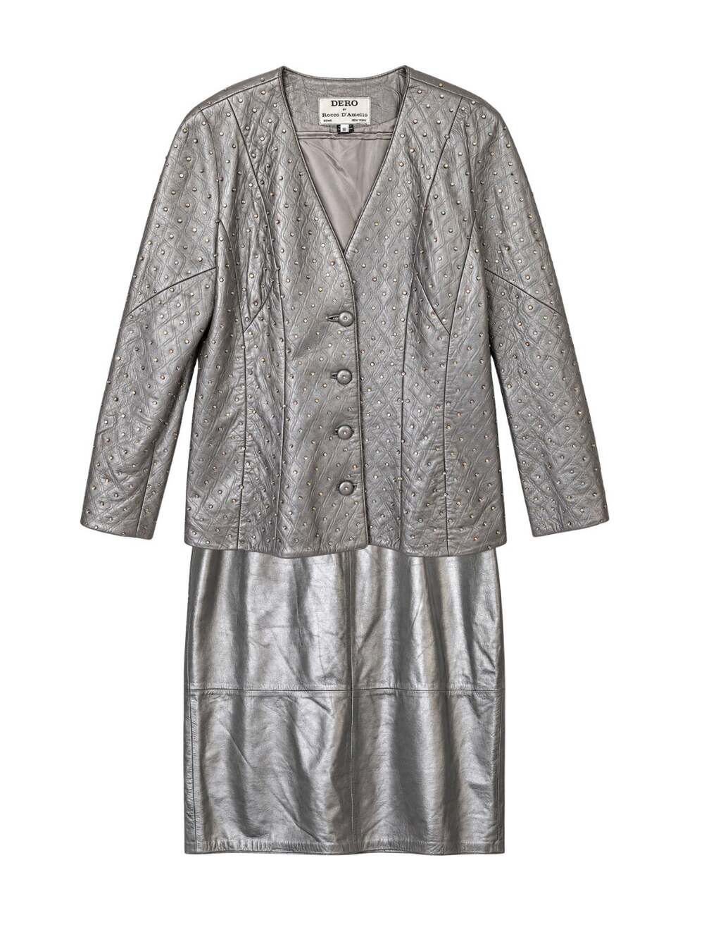 RARE DERO Rocco D'Amelio Silver Studded Leather Skirt Suit Quilted Jacket